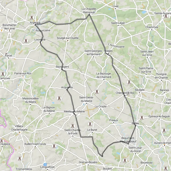 Map miniature of "Idyllic Road Cycling Loop near Argentré" cycling inspiration in Pays de la Loire, France. Generated by Tarmacs.app cycling route planner