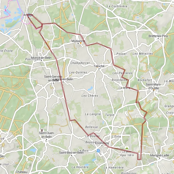 Map miniature of "Mulsanne Loop" cycling inspiration in Pays de la Loire, France. Generated by Tarmacs.app cycling route planner