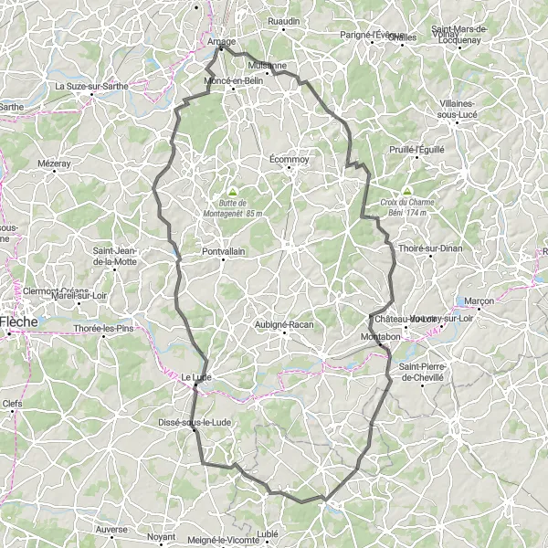 Miniature de la carte de l'inspiration cycliste "Le Tour de la Sarthe" dans la Pays de la Loire, France. Générée par le planificateur d'itinéraire cycliste Tarmacs.app