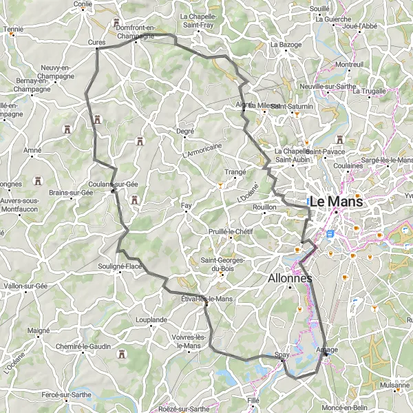 Miniature de la carte de l'inspiration cycliste "Randonnée des Villages pittoresques sur Route" dans la Pays de la Loire, France. Générée par le planificateur d'itinéraire cycliste Tarmacs.app