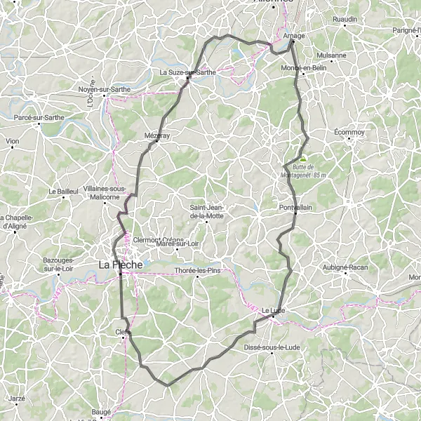 Map miniature of "Cycling Route Around Arnage via Butte de Montagenêt and Château-l'Hermitage" cycling inspiration in Pays de la Loire, France. Generated by Tarmacs.app cycling route planner