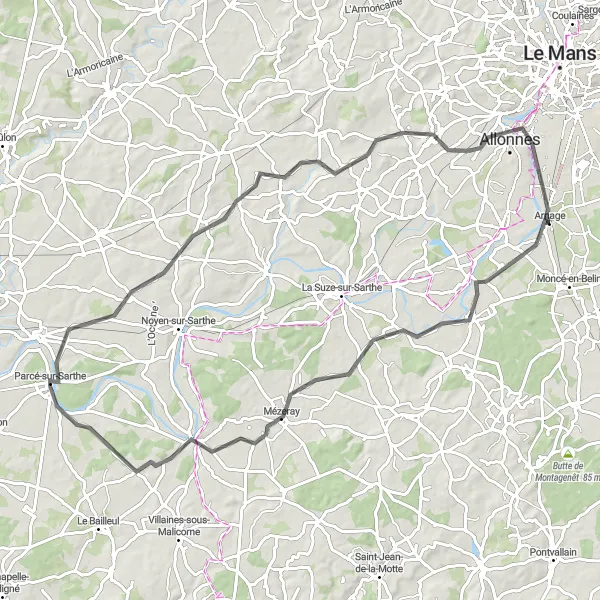 Map miniature of "Road Cycling Tour through Fillé to the Château de la Forêterie" cycling inspiration in Pays de la Loire, France. Generated by Tarmacs.app cycling route planner