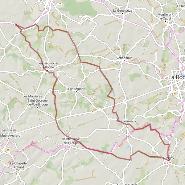 Miniature de la carte de l'inspiration cycliste "Circuit gravel autour d'Aubigny" dans la Pays de la Loire, France. Générée par le planificateur d'itinéraire cycliste Tarmacs.app