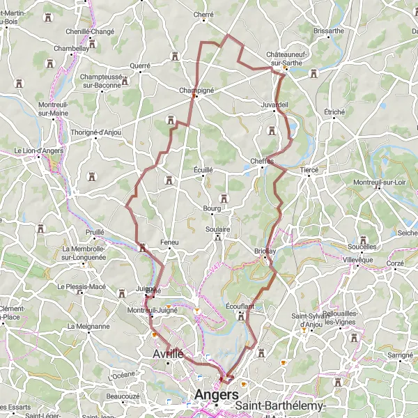 Map miniature of "Exploring the Anjou Region by Gravel" cycling inspiration in Pays de la Loire, France. Generated by Tarmacs.app cycling route planner