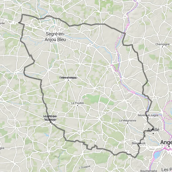 Map miniature of "Angevin Countryside Loop" cycling inspiration in Pays de la Loire, France. Generated by Tarmacs.app cycling route planner