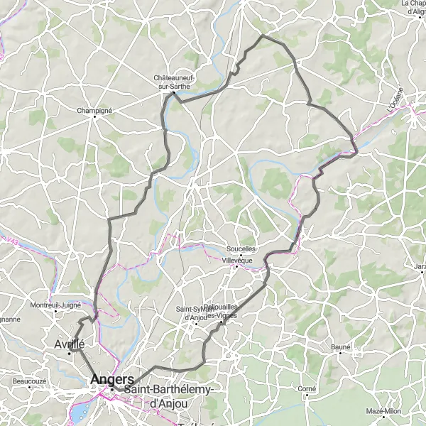 Map miniature of "Châteauneuf-sur-Sarthe Road Ride" cycling inspiration in Pays de la Loire, France. Generated by Tarmacs.app cycling route planner