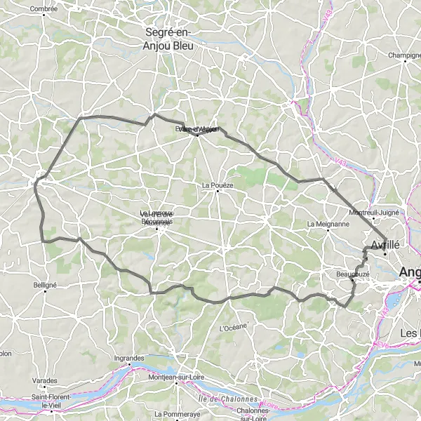 Map miniature of "Scenic Ride through Loire Valley" cycling inspiration in Pays de la Loire, France. Generated by Tarmacs.app cycling route planner