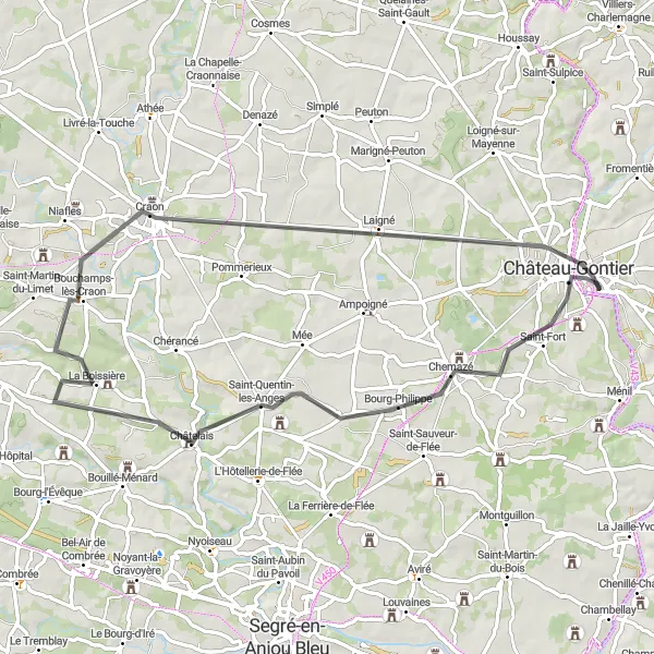 Map miniature of "Road Cycling Expedition from Azé" cycling inspiration in Pays de la Loire, France. Generated by Tarmacs.app cycling route planner
