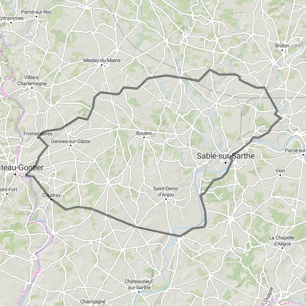 Map miniature of "The Valleys of Sarthe and Loire" cycling inspiration in Pays de la Loire, France. Generated by Tarmacs.app cycling route planner