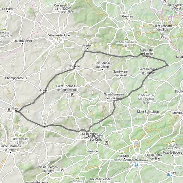 Miniature de la carte de l'inspiration cycliste "Parcours des Collines Mancelles" dans la Pays de la Loire, France. Générée par le planificateur d'itinéraire cycliste Tarmacs.app