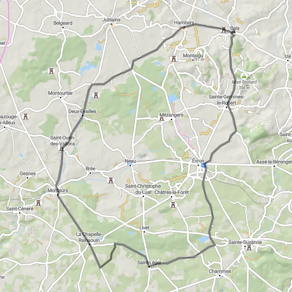 Miniature de la carte de l'inspiration cycliste "Boucle pittoresque autour de Mont Rochard" dans la Pays de la Loire, France. Générée par le planificateur d'itinéraire cycliste Tarmacs.app