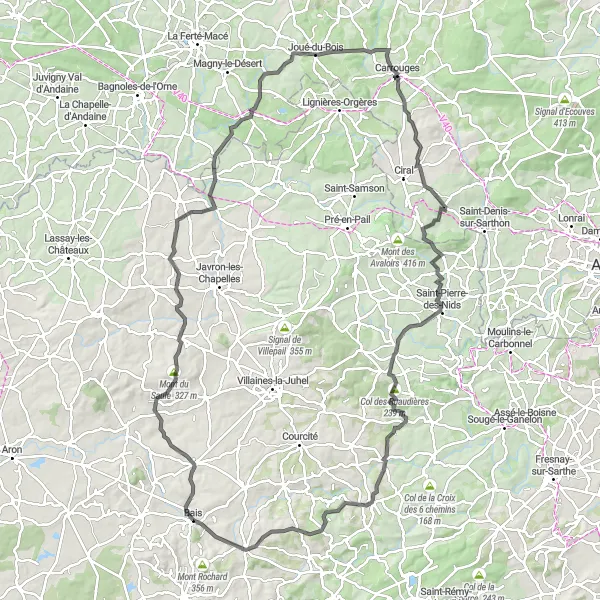 Miniature de la carte de l'inspiration cycliste "Parcours des Collines Normandes" dans la Pays de la Loire, France. Générée par le planificateur d'itinéraire cycliste Tarmacs.app