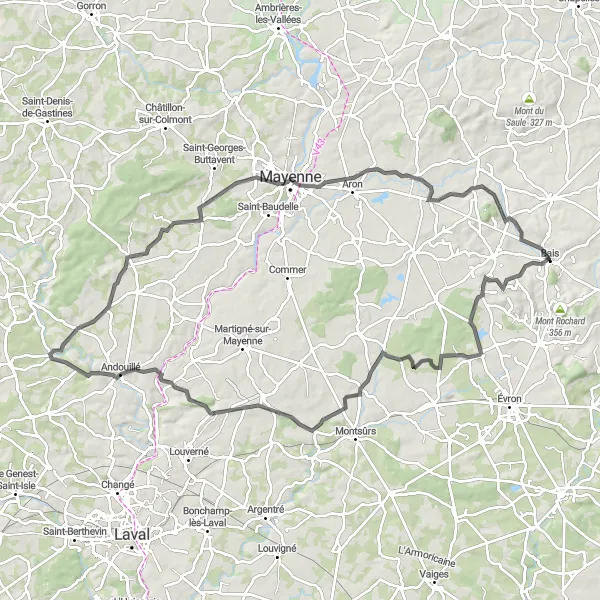 Miniature de la carte de l'inspiration cycliste "Circuit des Vallées de la Mayenne" dans la Pays de la Loire, France. Générée par le planificateur d'itinéraire cycliste Tarmacs.app