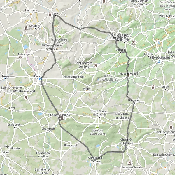 Miniature de la carte de l'inspiration cycliste "Défi sportif autour d'Izé et de Mont Rochard" dans la Pays de la Loire, France. Générée par le planificateur d'itinéraire cycliste Tarmacs.app