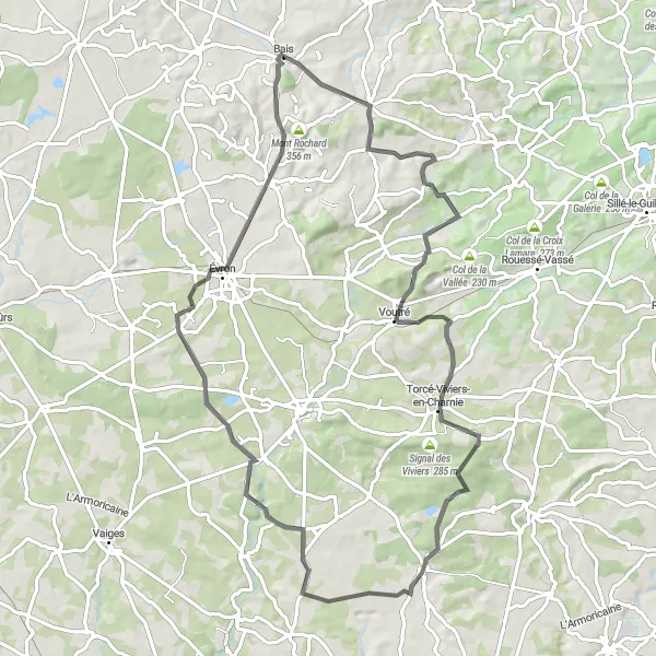 Miniature de la carte de l'inspiration cycliste "Parcours autour d'Izé et de Mont Rochard" dans la Pays de la Loire, France. Générée par le planificateur d'itinéraire cycliste Tarmacs.app