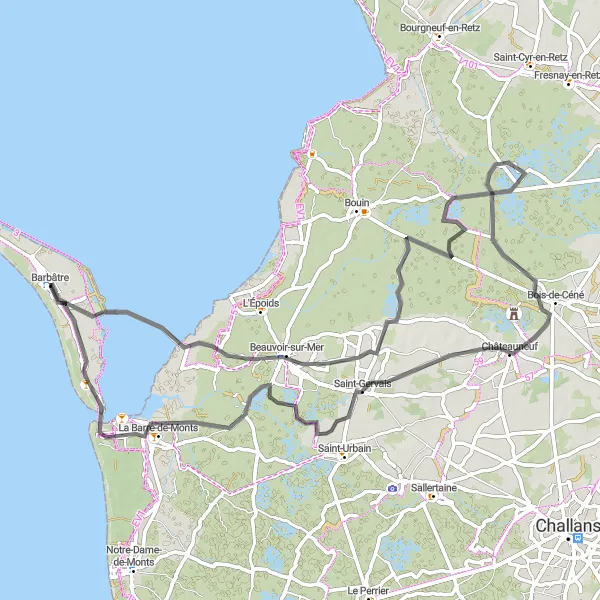 Miniature de la carte de l'inspiration cycliste "Entre La Barre-de-Monts et Passage du Gois" dans la Pays de la Loire, France. Générée par le planificateur d'itinéraire cycliste Tarmacs.app