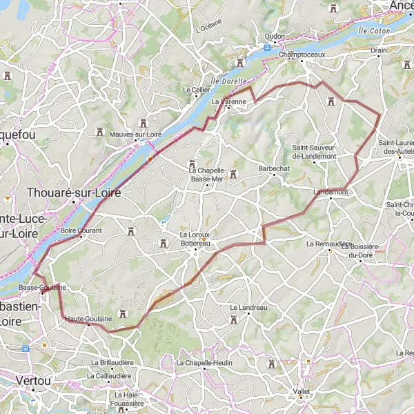 Map miniature of "Gravel Route to Basse-Goulaine" cycling inspiration in Pays de la Loire, France. Generated by Tarmacs.app cycling route planner