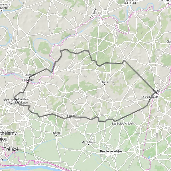 Miniature de la carte de l'inspiration cycliste "Circuit autour de Baugé-en-Anjou" dans la Pays de la Loire, France. Générée par le planificateur d'itinéraire cycliste Tarmacs.app