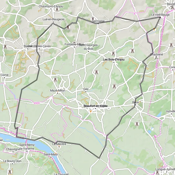 Miniature de la carte de l'inspiration cycliste "Le Vieil-Baugé - Cornillé-les-Caves Loop" dans la Pays de la Loire, France. Générée par le planificateur d'itinéraire cycliste Tarmacs.app