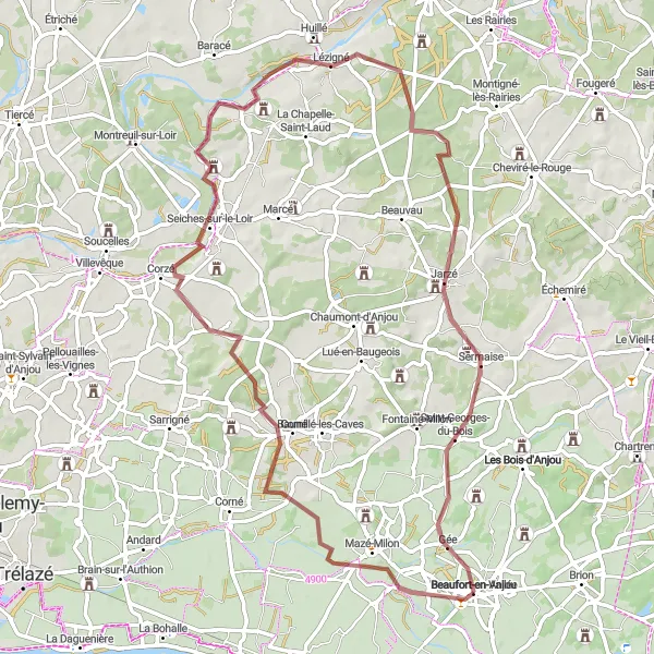 Miniature de la carte de l'inspiration cycliste "Vallée du Loir en Gravel" dans la Pays de la Loire, France. Générée par le planificateur d'itinéraire cycliste Tarmacs.app