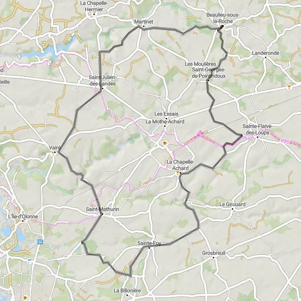 Map miniature of "Saint-Georges-de-Pointindoux Loop from Beaulieu-sous-la-Roche" cycling inspiration in Pays de la Loire, France. Generated by Tarmacs.app cycling route planner