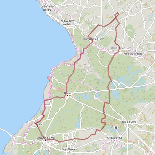 Map miniature of "Beauvoir Circuit (Gravel)" cycling inspiration in Pays de la Loire, France. Generated by Tarmacs.app cycling route planner