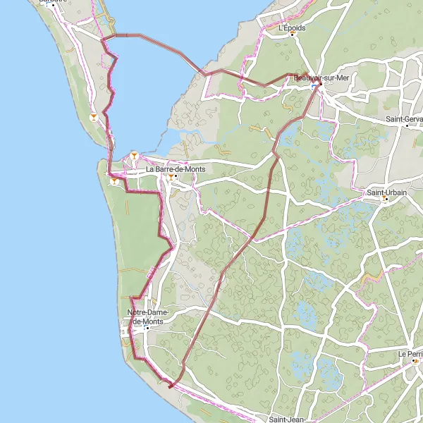 Map miniature of "Gravel Coastal Ride to Fromentine" cycling inspiration in Pays de la Loire, France. Generated by Tarmacs.app cycling route planner