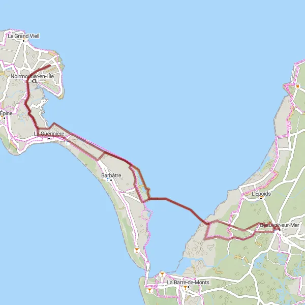 Miniature de la carte de l'inspiration cycliste "Gravel Ride to Île de Noirmoutier" dans la Pays de la Loire, France. Générée par le planificateur d'itinéraire cycliste Tarmacs.app