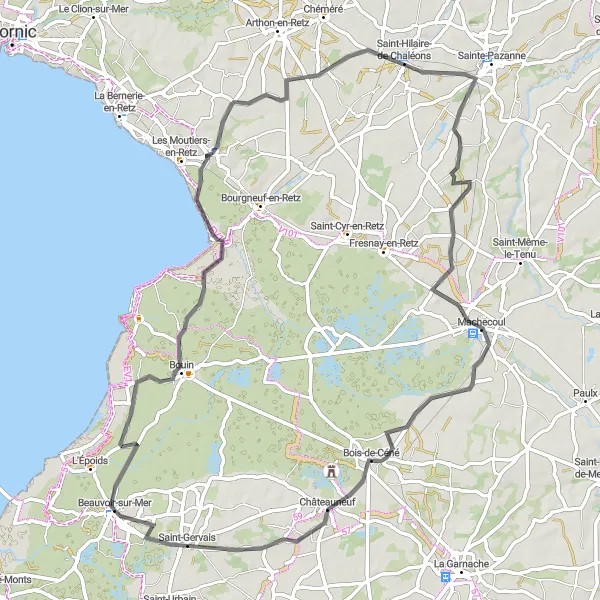 Miniature de la carte de l'inspiration cycliste "Boucle à travers Saint-Hilaire-de-Chaléons" dans la Pays de la Loire, France. Générée par le planificateur d'itinéraire cycliste Tarmacs.app