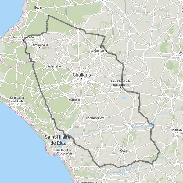 Miniature de la carte de l'inspiration cycliste "Circuit des Marais" dans la Pays de la Loire, France. Générée par le planificateur d'itinéraire cycliste Tarmacs.app