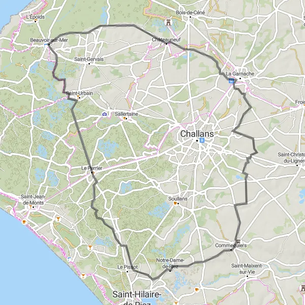 Map miniature of "Coastal Ride to Saint-Urbain" cycling inspiration in Pays de la Loire, France. Generated by Tarmacs.app cycling route planner