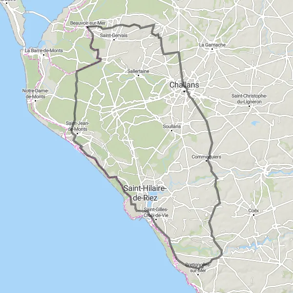 Map miniature of "Beauvoir-sur-Mer Loop" cycling inspiration in Pays de la Loire, France. Generated by Tarmacs.app cycling route planner