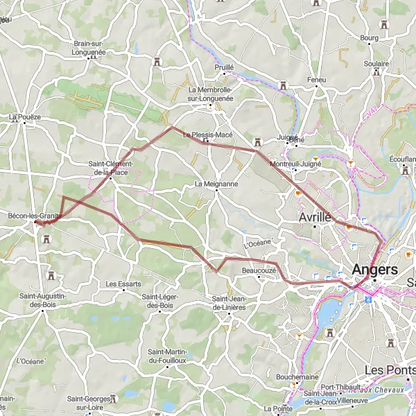 Miniature de la carte de l'inspiration cycliste "Circuit de Gravel à Bécon-les-Granits" dans la Pays de la Loire, France. Générée par le planificateur d'itinéraire cycliste Tarmacs.app
