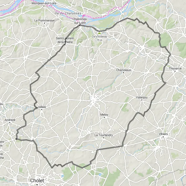 Map miniature of "Hills of Anjou" cycling inspiration in Pays de la Loire, France. Generated by Tarmacs.app cycling route planner