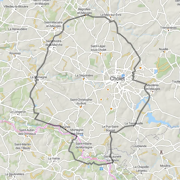 Map miniature of "Mauges Heritage Trail" cycling inspiration in Pays de la Loire, France. Generated by Tarmacs.app cycling route planner