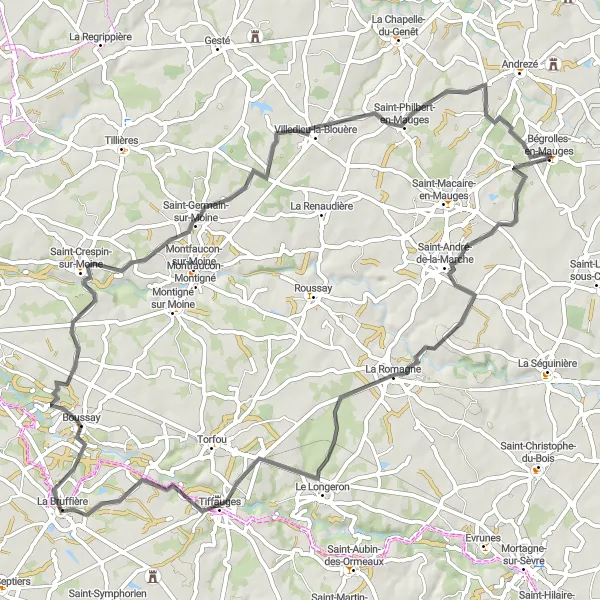 Map miniature of "Tiffauges Castle Loop" cycling inspiration in Pays de la Loire, France. Generated by Tarmacs.app cycling route planner