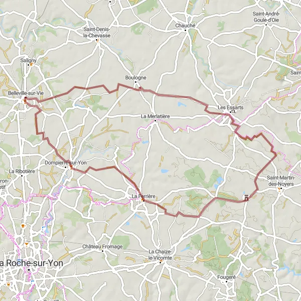 Map miniature of "Belleville-sur-Vie Gravel Loop" cycling inspiration in Pays de la Loire, France. Generated by Tarmacs.app cycling route planner