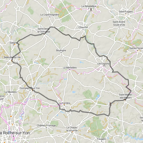 Map miniature of "Saint-Denis-la-Chevasse Adventure Ride" cycling inspiration in Pays de la Loire, France. Generated by Tarmacs.app cycling route planner