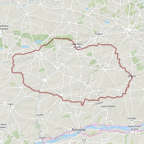 Map miniature of "Belligné to Saint-Mars-la-Jaille Gravel Route" cycling inspiration in Pays de la Loire, France. Generated by Tarmacs.app cycling route planner