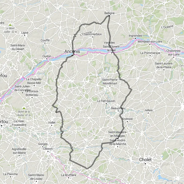 Map miniature of "The Mauges Adventure" cycling inspiration in Pays de la Loire, France. Generated by Tarmacs.app cycling route planner