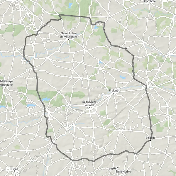 Miniature de la carte de l'inspiration cycliste "La Boucle des Charmes de l'Erdre" dans la Pays de la Loire, France. Générée par le planificateur d'itinéraire cycliste Tarmacs.app