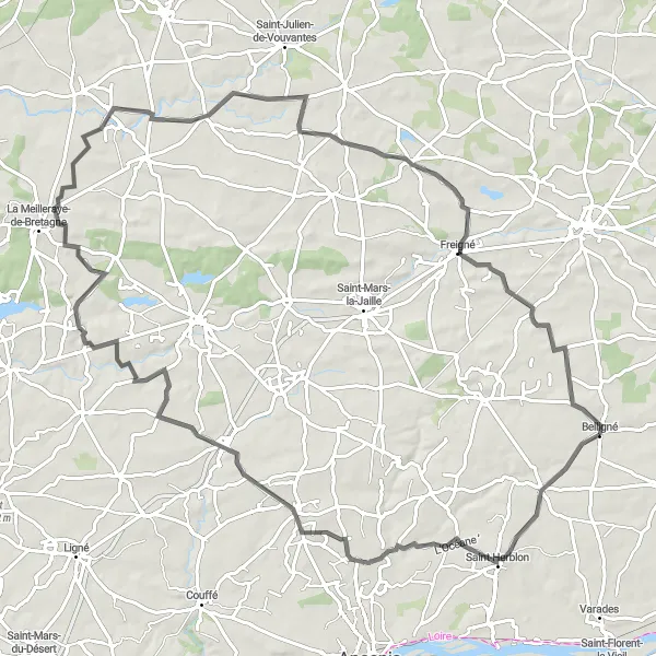 Map miniature of "Belligné to Freigné Road Route" cycling inspiration in Pays de la Loire, France. Generated by Tarmacs.app cycling route planner