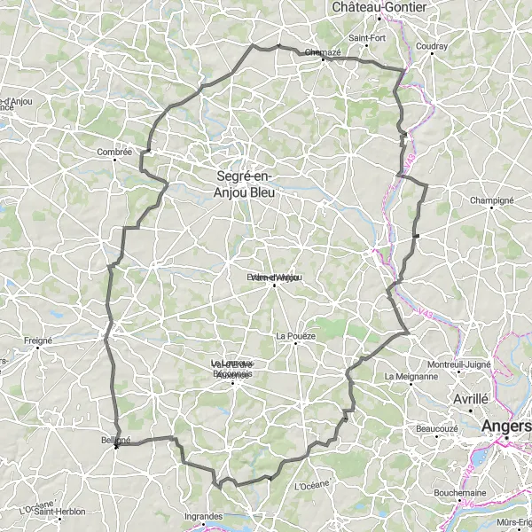 Miniature de la carte de l'inspiration cycliste "Le Tour de la Vallée de l'Evre" dans la Pays de la Loire, France. Générée par le planificateur d'itinéraire cycliste Tarmacs.app