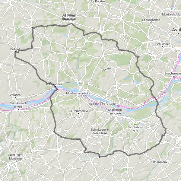 Map miniature of "Belligné to La Chapelle-Saint-Sauveur Road Route" cycling inspiration in Pays de la Loire, France. Generated by Tarmacs.app cycling route planner