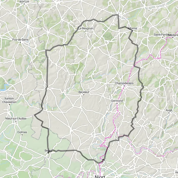 Map miniature of "Gâtine Adventure" cycling inspiration in Pays de la Loire, France. Generated by Tarmacs.app cycling route planner