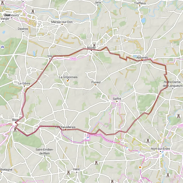 Map miniature of "Nature and Mining Gravel Route" cycling inspiration in Pays de la Loire, France. Generated by Tarmacs.app cycling route planner