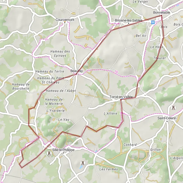 Map miniature of "The Gravel Trails of Bonnétable" cycling inspiration in Pays de la Loire, France. Generated by Tarmacs.app cycling route planner