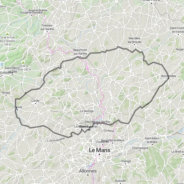 Map miniature of "The Sarthe Valley Loop" cycling inspiration in Pays de la Loire, France. Generated by Tarmacs.app cycling route planner