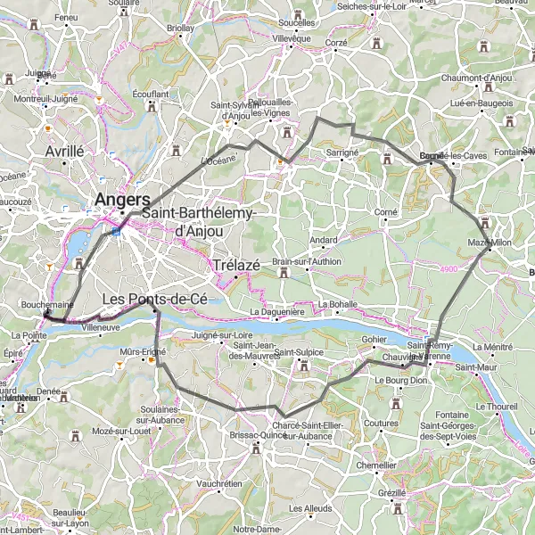 Map miniature of "The Loire Valley Classic" cycling inspiration in Pays de la Loire, France. Generated by Tarmacs.app cycling route planner