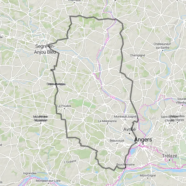 Map miniature of "Exploring Anjou's Hidden Gems" cycling inspiration in Pays de la Loire, France. Generated by Tarmacs.app cycling route planner